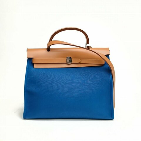 HERMES Herbag31金棕色拼伊茲密爾藍帆布/牛皮X刻銀扣肩背包