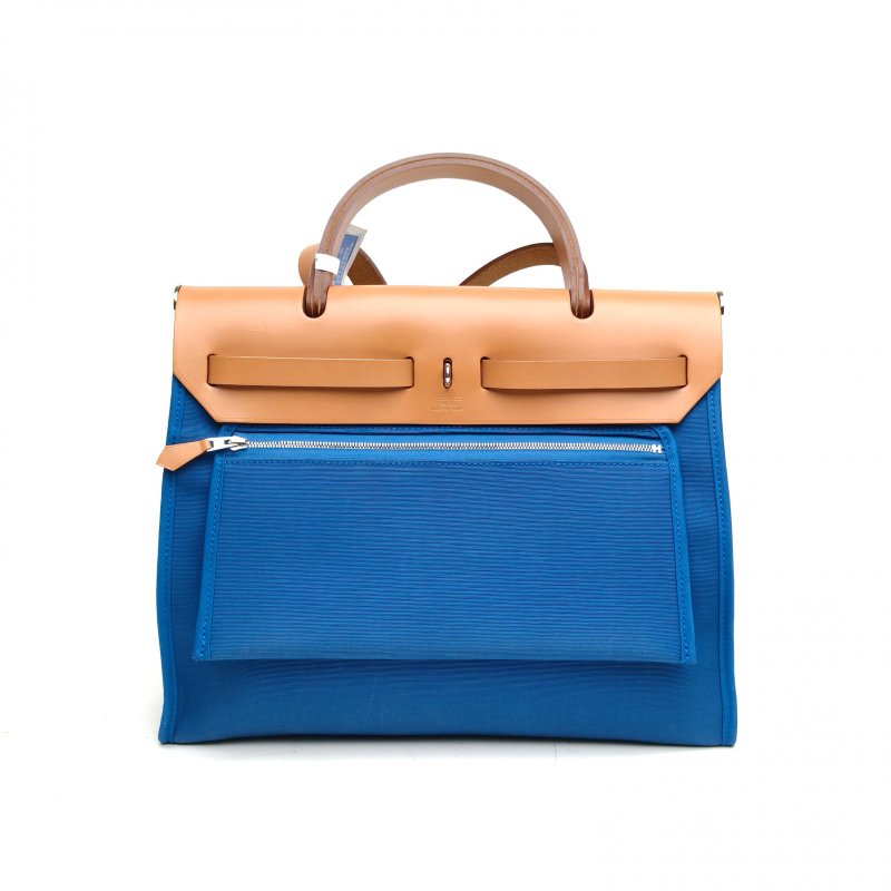 HERMES Herbag31金棕色拼伊茲密爾藍帆布/牛皮X刻銀扣肩背包-2