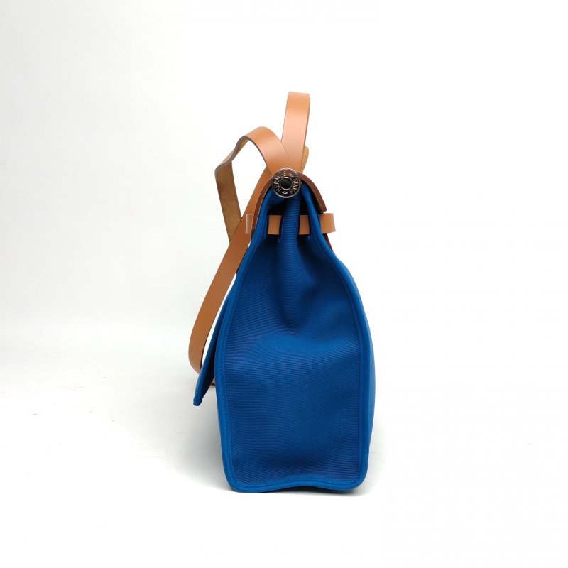 HERMES Herbag31金棕色拼伊茲密爾藍帆布/牛皮X刻銀扣肩背包-3