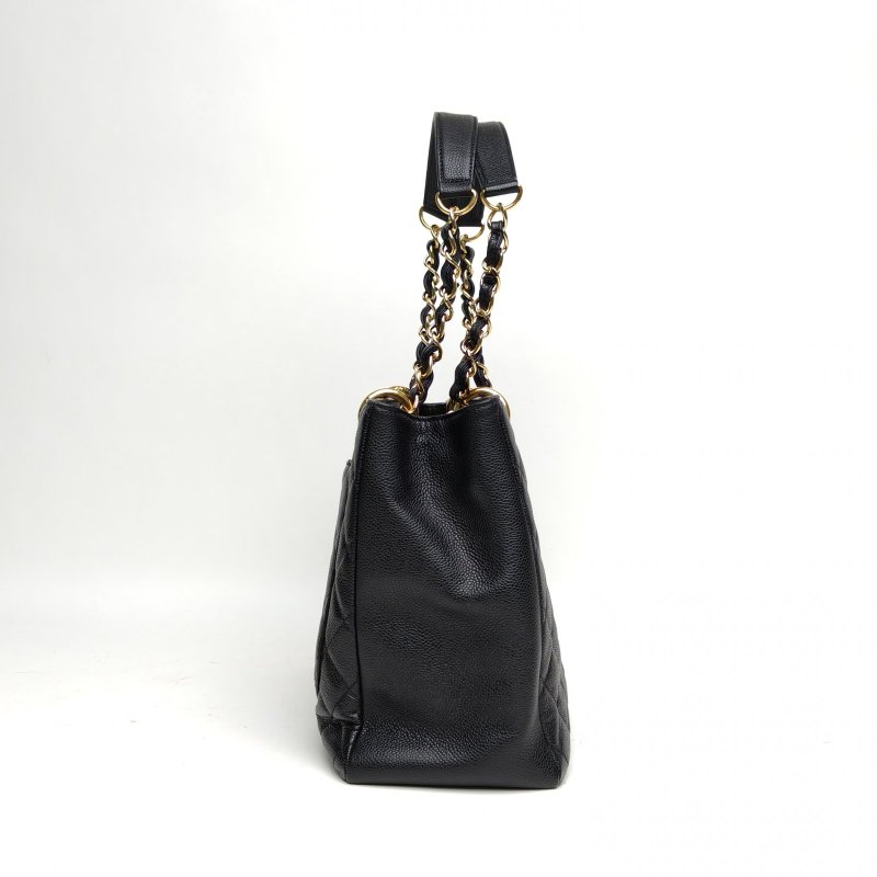 CHANEL GST購物袋小號黑色荔枝牛皮16開金扣肩背包-3