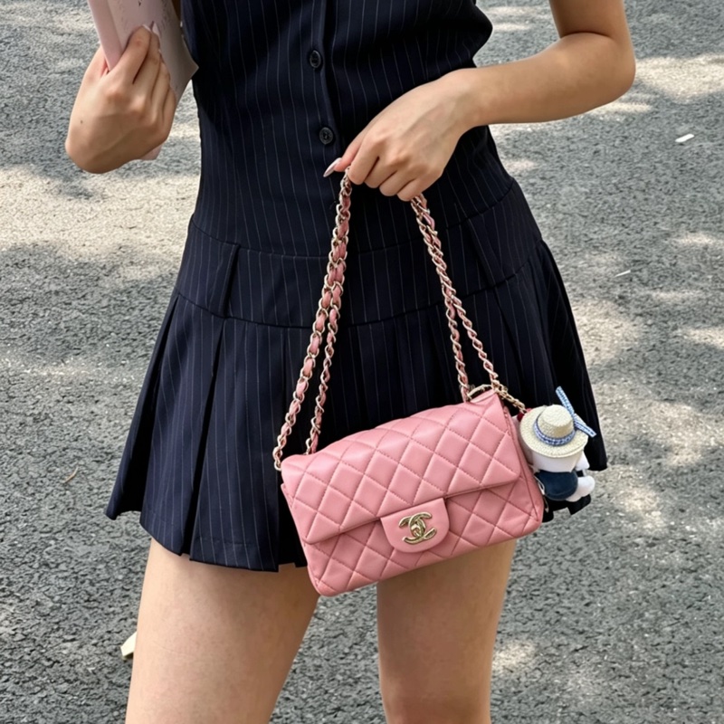 CHANEL香奈兒少女粉超限量大miniCF20單肩斜挎包-9