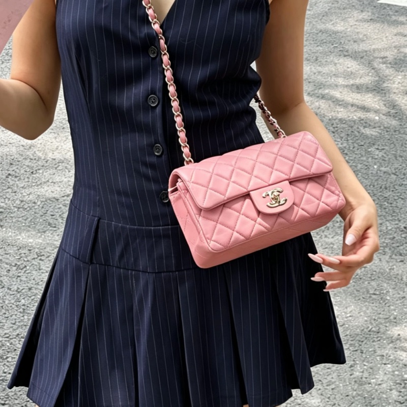 CHANEL香奈兒少女粉超限量大miniCF20單肩斜挎包-21