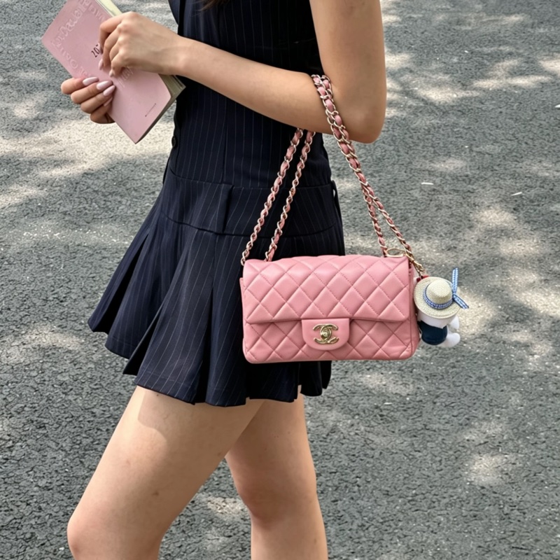 CHANEL香奈兒少女粉超限量大miniCF20單肩斜挎包-23