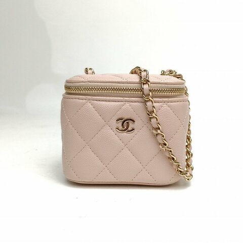 CHANEL 經典款方盒子化妝包裸粉色牛皮30開金扣肩背包
