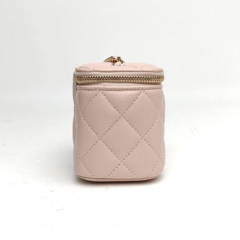 CHANEL 經典款方盒子化妝包裸粉色牛皮30開金扣肩背包-3