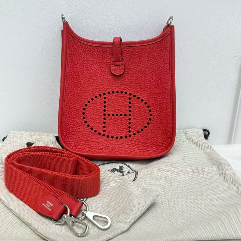 Hermes愛馬仕包 伊芙琳mini Evelyne迷你版斜挎包 紅色銀扣 TC皮 純色肩帶 經典款-0