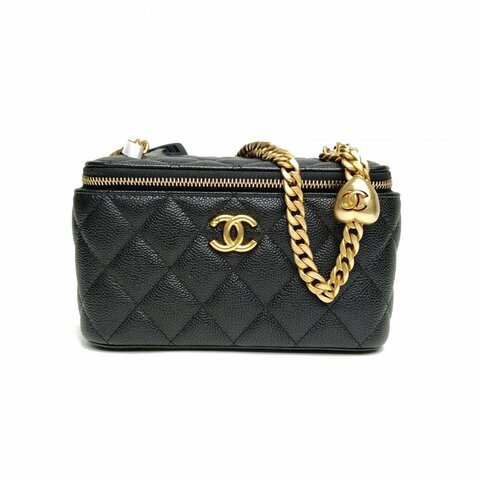 CHANEL 23P長盒子化妝包黑色荔枝牛皮金扣愛心金球肩背包
