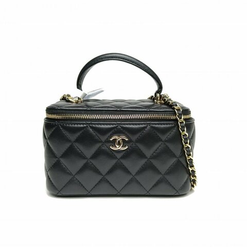 CHANEL 21K手提長盒子化妝包黑色羊皮鐳射標金扣肩背包