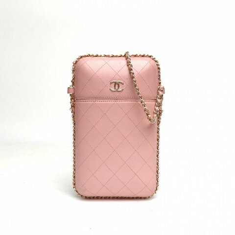 CHANEL 19B膠囊包手機包粉色羊皮25開金扣肩背包