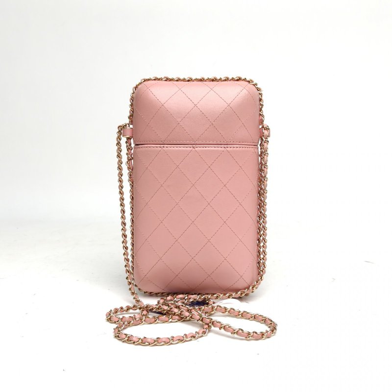 CHANEL 19B膠囊包手機包粉色羊皮25開金扣肩背包-2