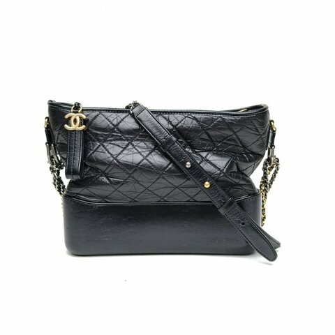 CHANEL GABRIELLE流浪中號黑色牛皮28開金銀扣肩背包