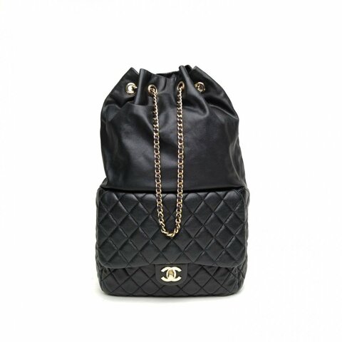 CHANEL 黑色21開淺金扣束口背囊式CF口袋雙肩包肩背包