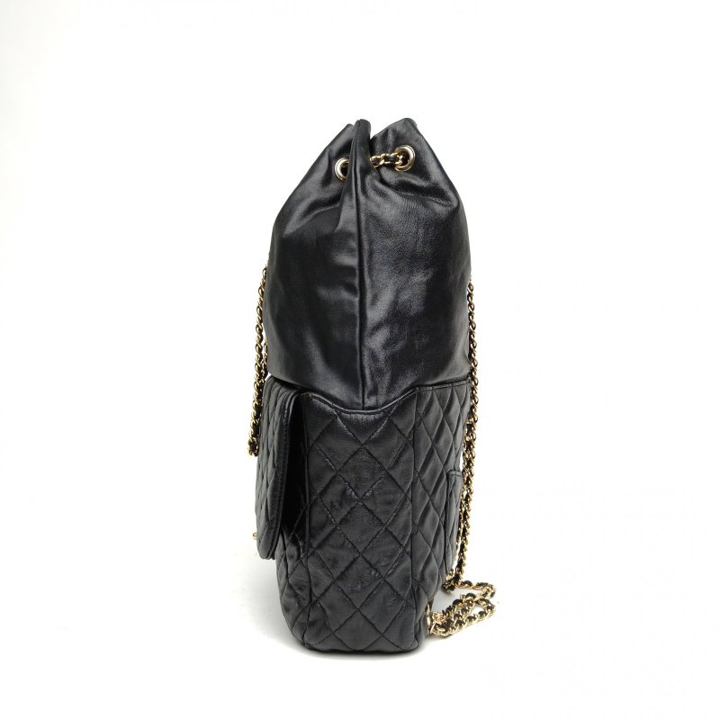 CHANEL 黑色21開淺金扣束口背囊式CF口袋雙肩包肩背包-1