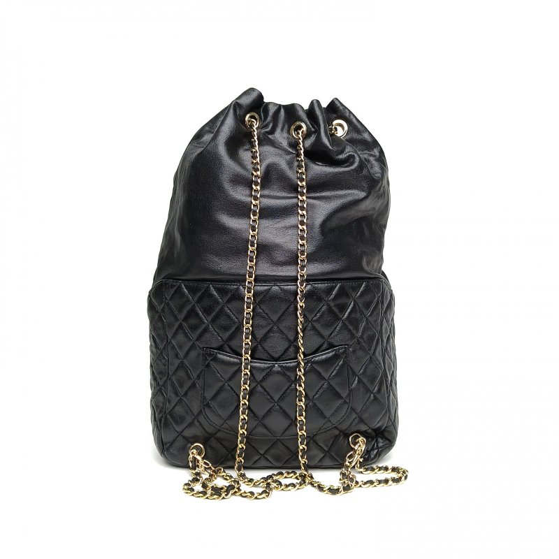 CHANEL 黑色21開淺金扣束口背囊式CF口袋雙肩包肩背包-2