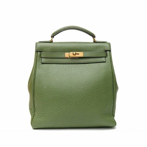 HERMES KellyAdoGm雙肩包草坪綠阿登皮框E金扣肩背包