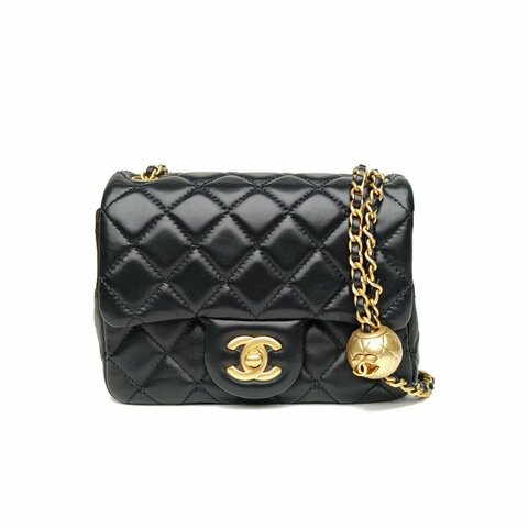 CHANEL CF口蓋包方胖子黑色羊皮晶片金扣金球調節扣肩背包