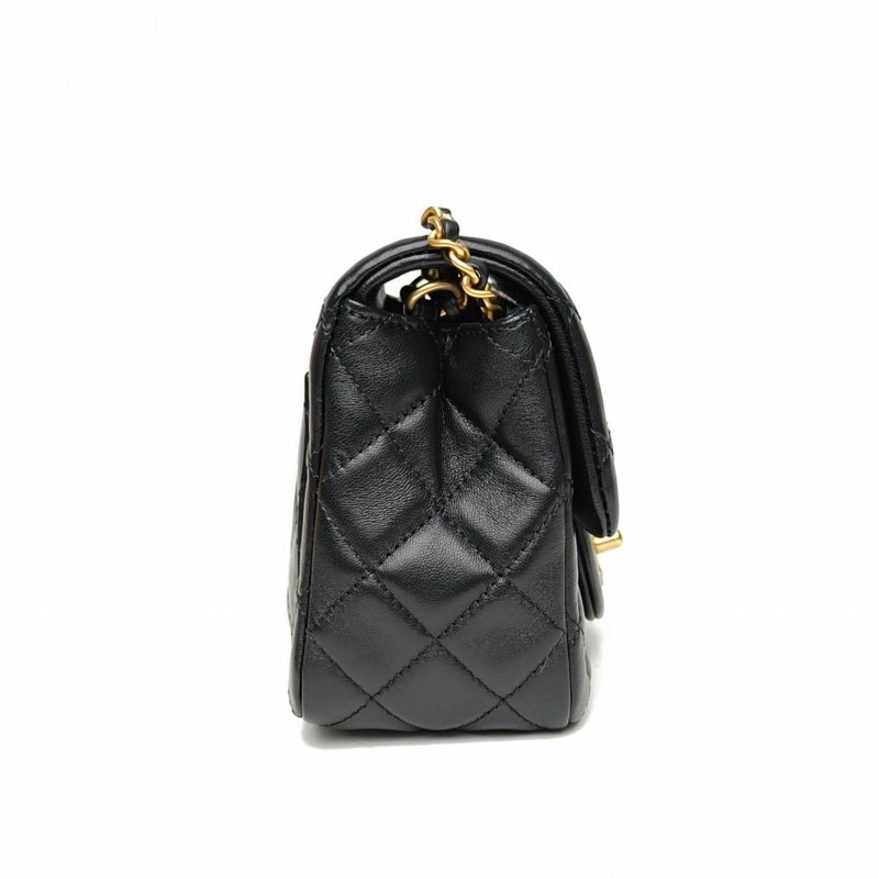 CHANEL CF口蓋包方胖子黑色羊皮晶片金扣金球調節扣肩背包-3