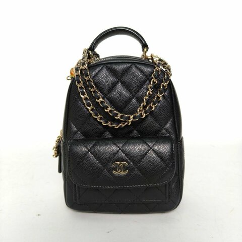 CHANEL 手提前口袋雙肩包黑色荔枝牛皮淺金扣肩背包