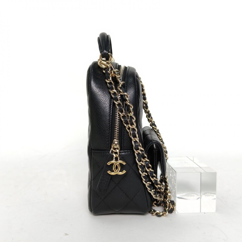 CHANEL 手提前口袋雙肩包黑色荔枝牛皮淺金扣肩背包-1