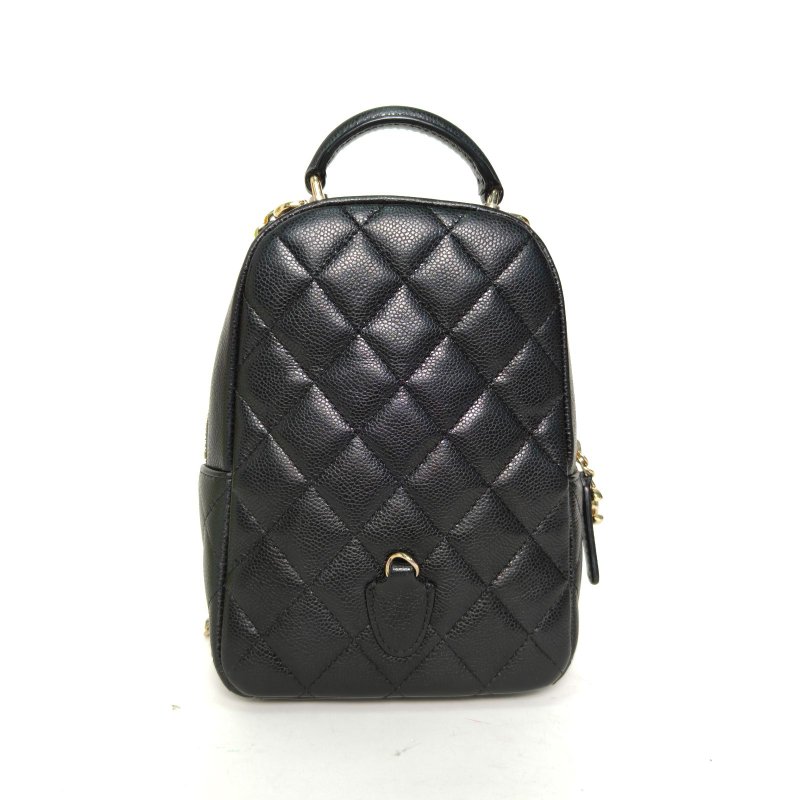 CHANEL 手提前口袋雙肩包黑色荔枝牛皮淺金扣肩背包-2