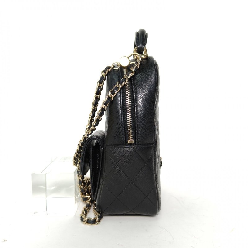 CHANEL 手提前口袋雙肩包黑色荔枝牛皮淺金扣肩背包-3