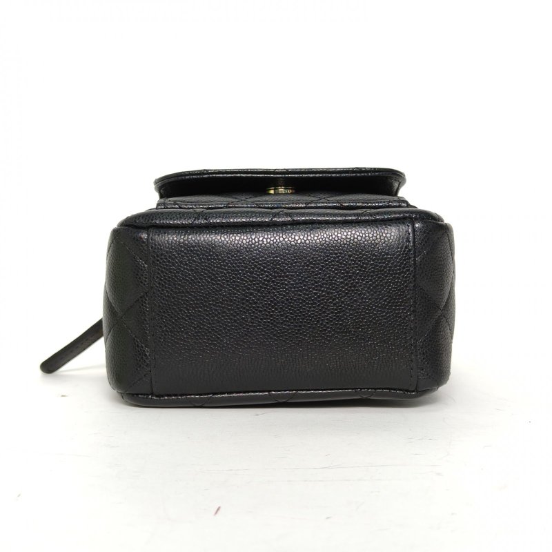 CHANEL 手提前口袋雙肩包黑色荔枝牛皮淺金扣肩背包-4