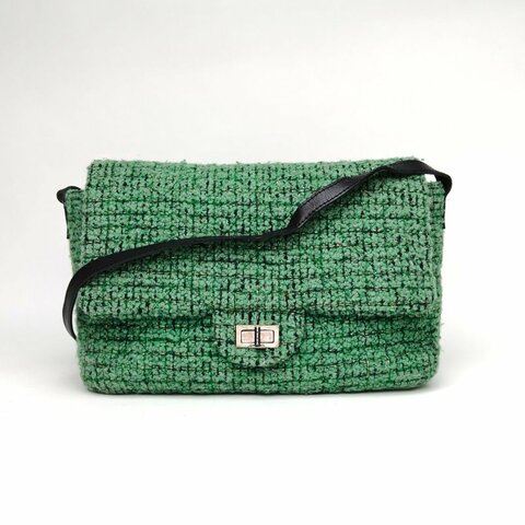 CHANEL 綠色毛呢13開銀扣2.55機場包肩背包