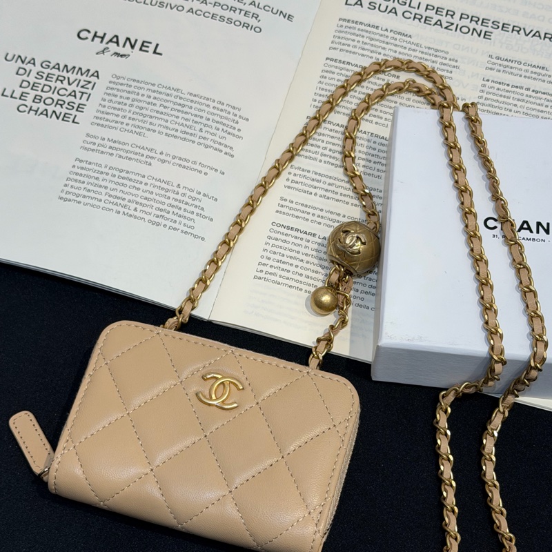 CHANEL粉金金球拉鍊肩背零錢包/31-0