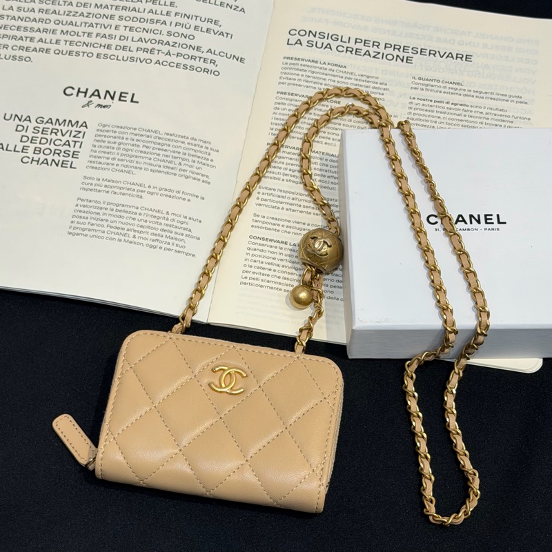 CHANEL粉金金球拉鍊肩背零錢包/31-1