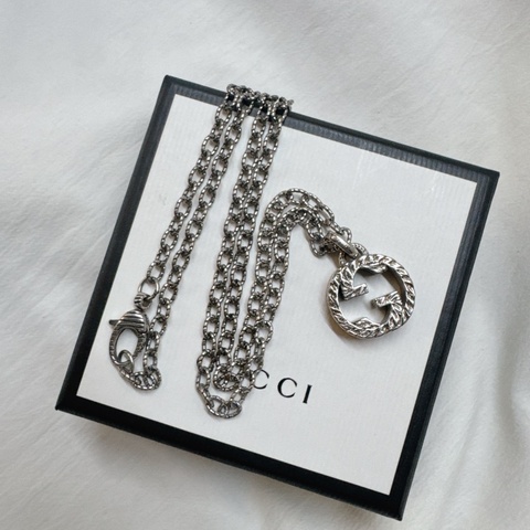 二手正品Gucci Interlocking G純銀雕花項鍊 Gucci項鍊 Gucci長鏈 Gucci配件