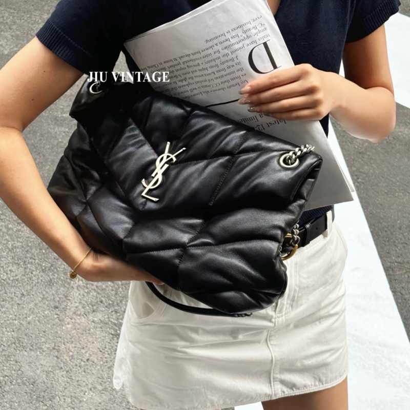 YSL 黑色銀扣中號羊皮PUFFER肩背包（好裝好用好柔軟）-1