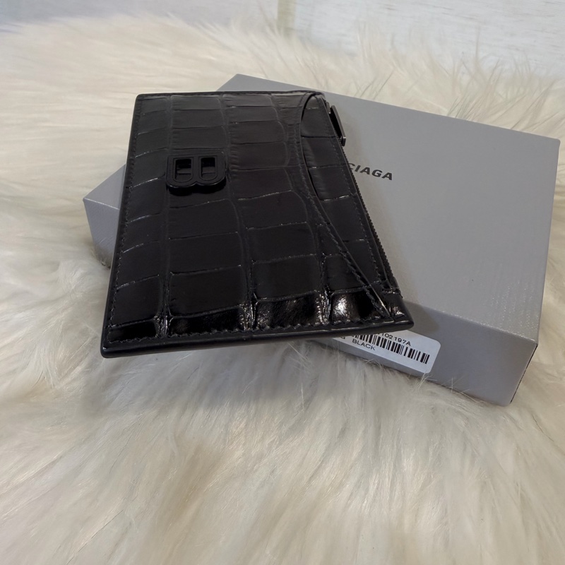 Balenciaga 黑牛皮鱷魚壓紋拉鏈零錢卡包-3
