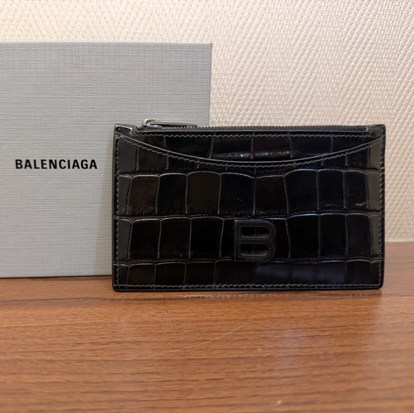 Balenciaga 黑牛皮鱷魚壓紋拉鏈零錢卡包-5