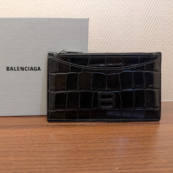 Balenciaga 黑牛皮鱷魚壓紋拉鏈零錢卡包-16