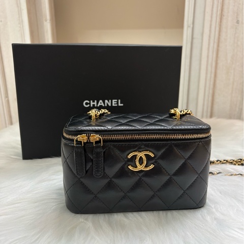 香奈兒Chanel Vanity Case化妝單肩盒子包 黑金色