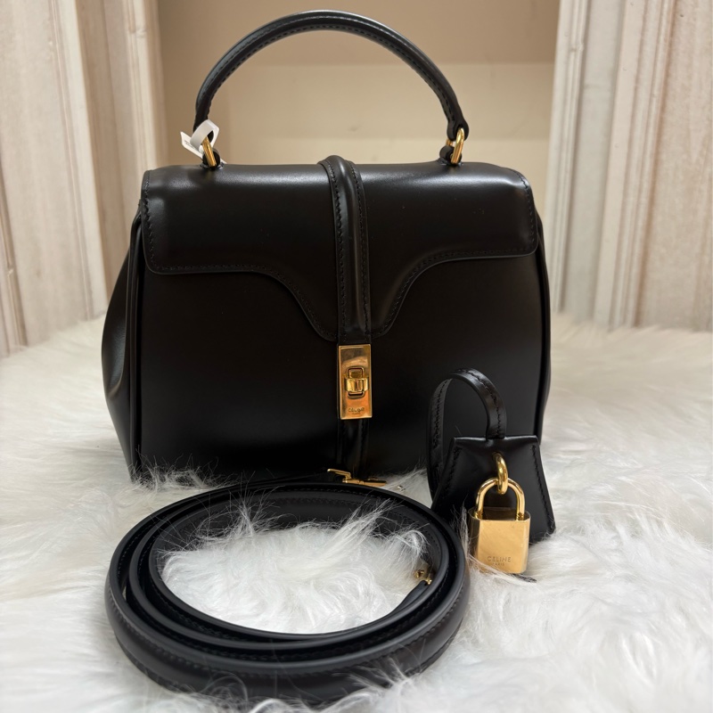 塞琳Celine 16緞面牛皮革小號手提肩背包 黑色-0