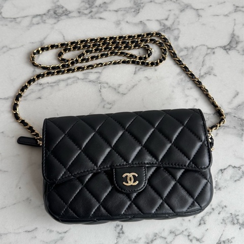 Chanel 黑羊皮淡金雙層斜背包