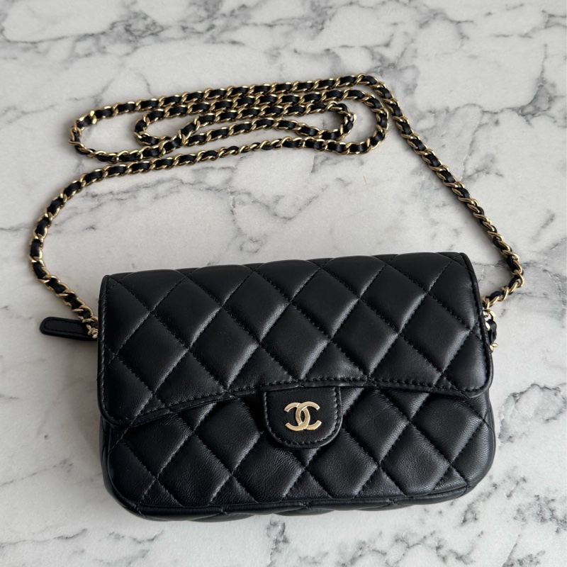 Chanel 黑羊皮淡金雙層斜背包-0