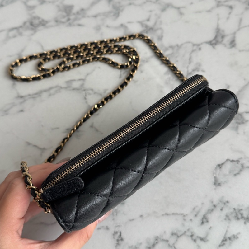 Chanel 黑羊皮淡金雙層斜背包-2