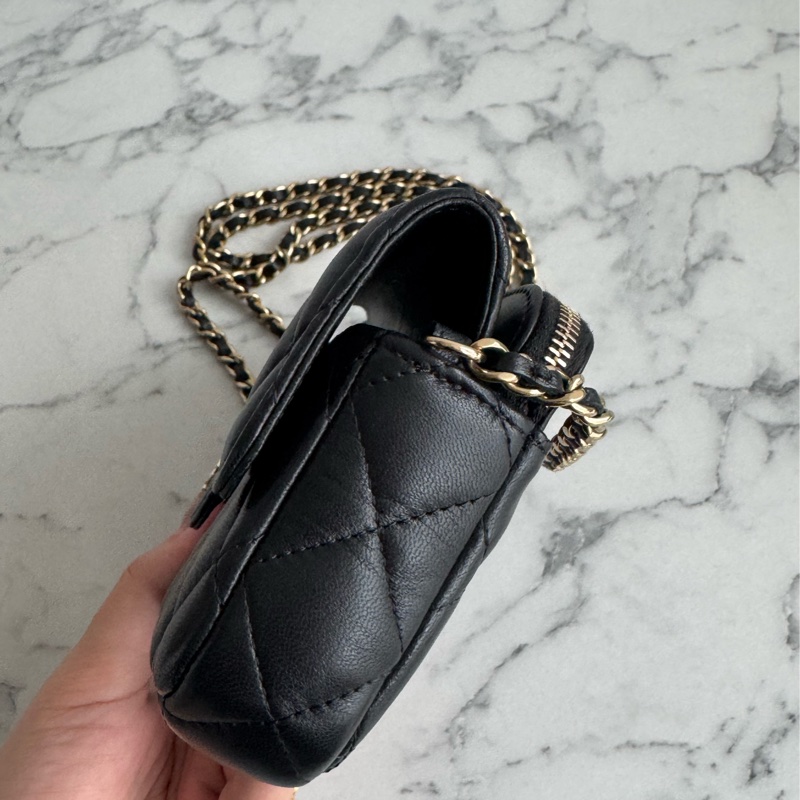 Chanel 黑羊皮淡金雙層斜背包-4