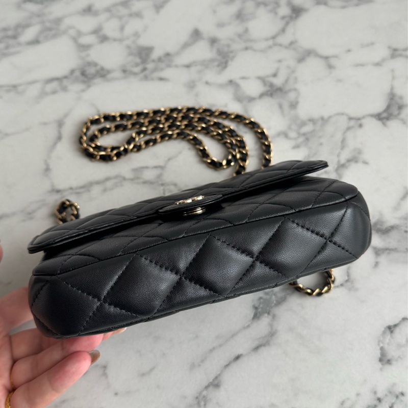 Chanel 黑羊皮淡金雙層斜背包-5