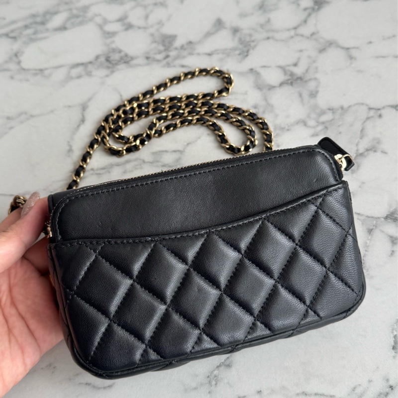 Chanel 黑羊皮淡金雙層斜背包-6