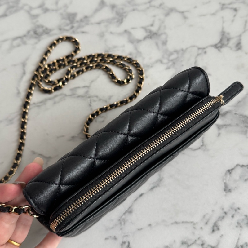 Chanel 黑羊皮淡金雙層斜背包-7