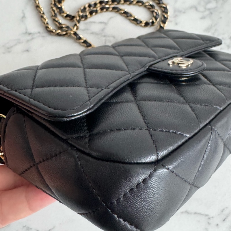 Chanel 黑羊皮淡金雙層斜背包-8