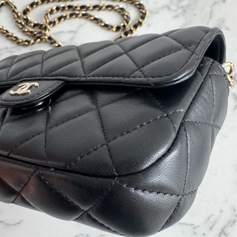 Chanel 黑羊皮淡金雙層斜背包-9