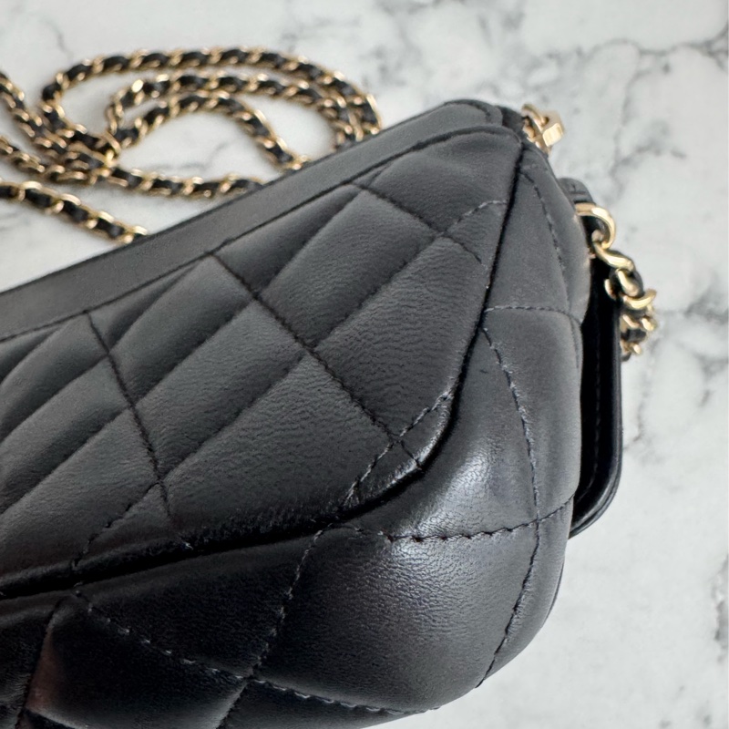 Chanel 黑羊皮淡金雙層斜背包-10