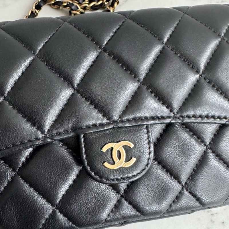 Chanel 黑羊皮淡金雙層斜背包-14