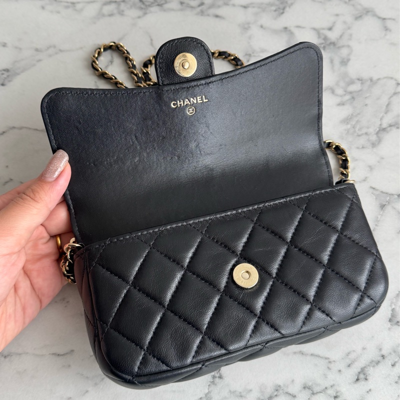 Chanel 黑羊皮淡金雙層斜背包-15
