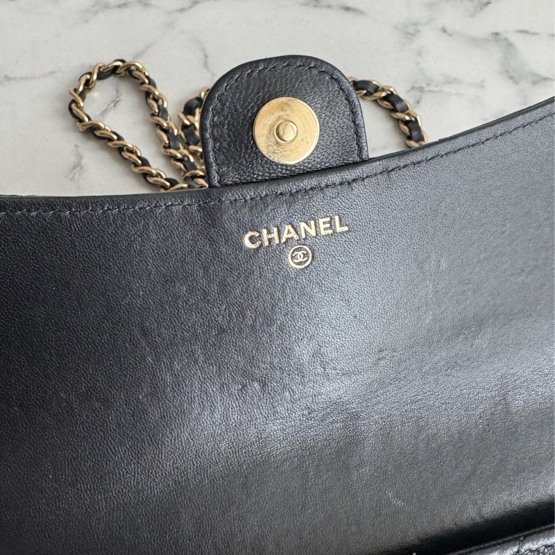 Chanel 黑羊皮淡金雙層斜背包-16