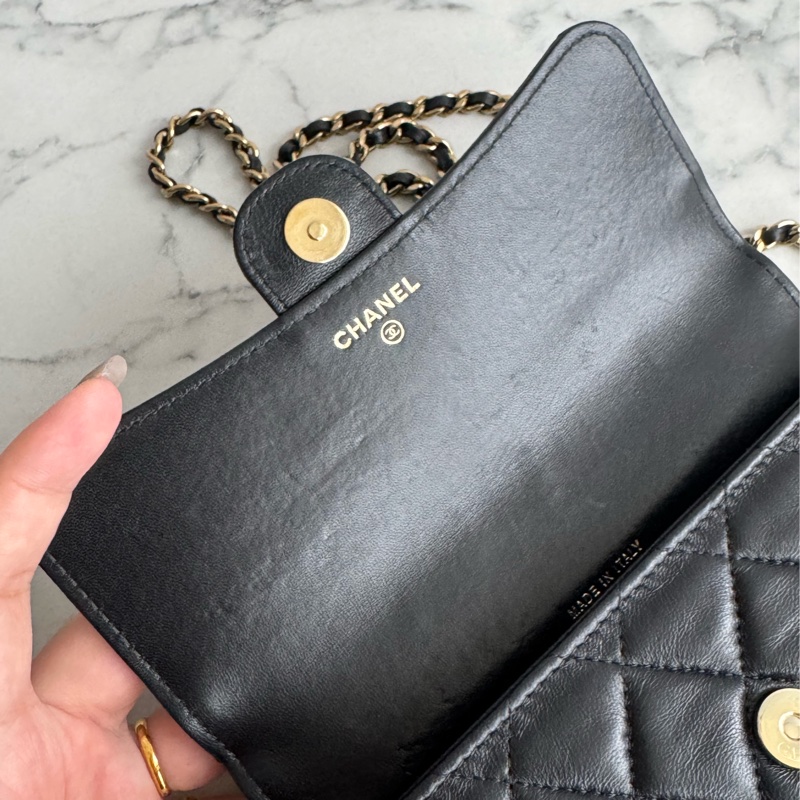 Chanel 黑羊皮淡金雙層斜背包-17